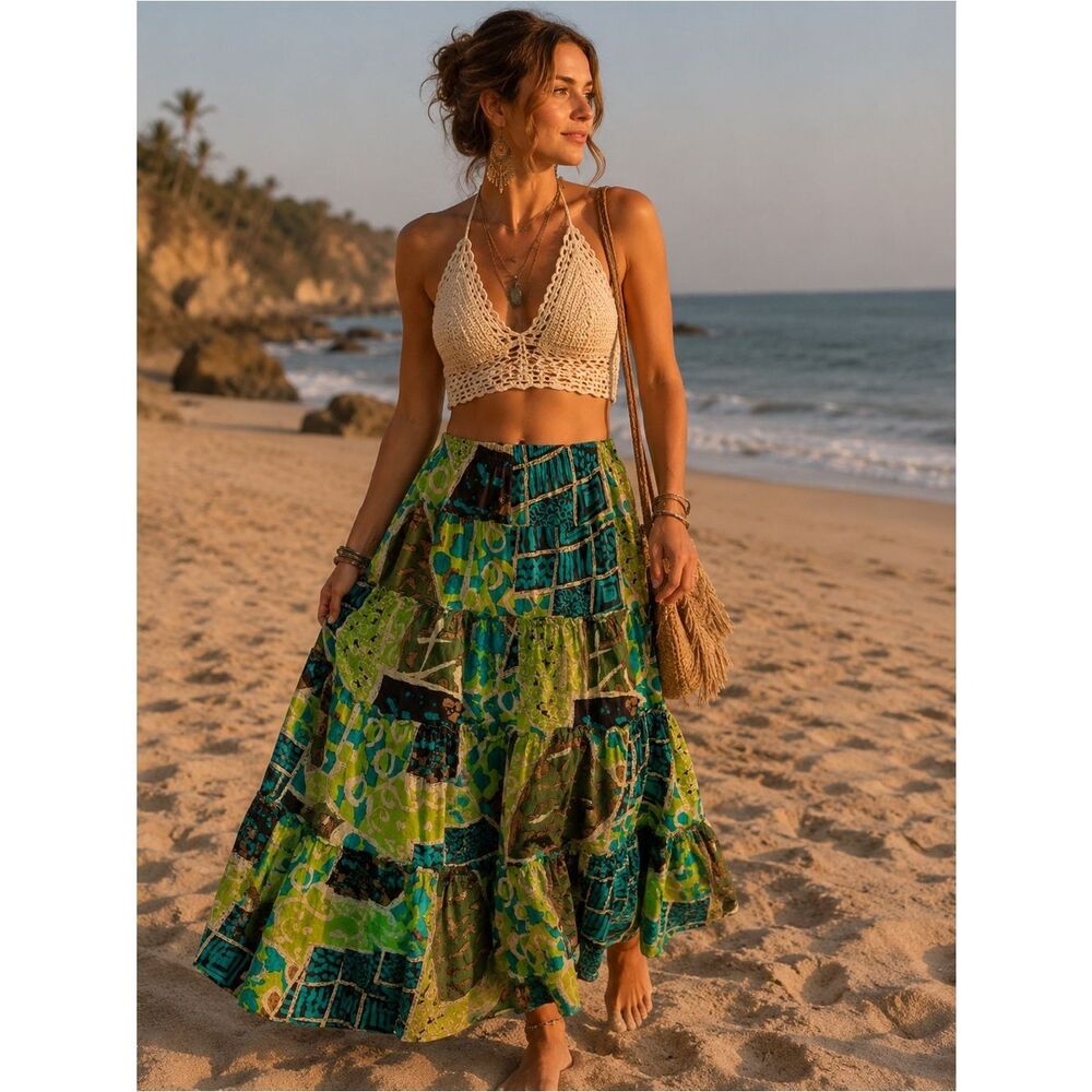 Y2K Hearts Of Palm Green Blue Brown Patchwork Mixed Media Maxi Skirt Sz 12 Boho